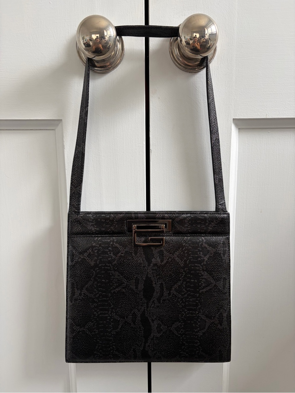 Vintage 90s Leather Shoulder Bag with Snake-Print Detail